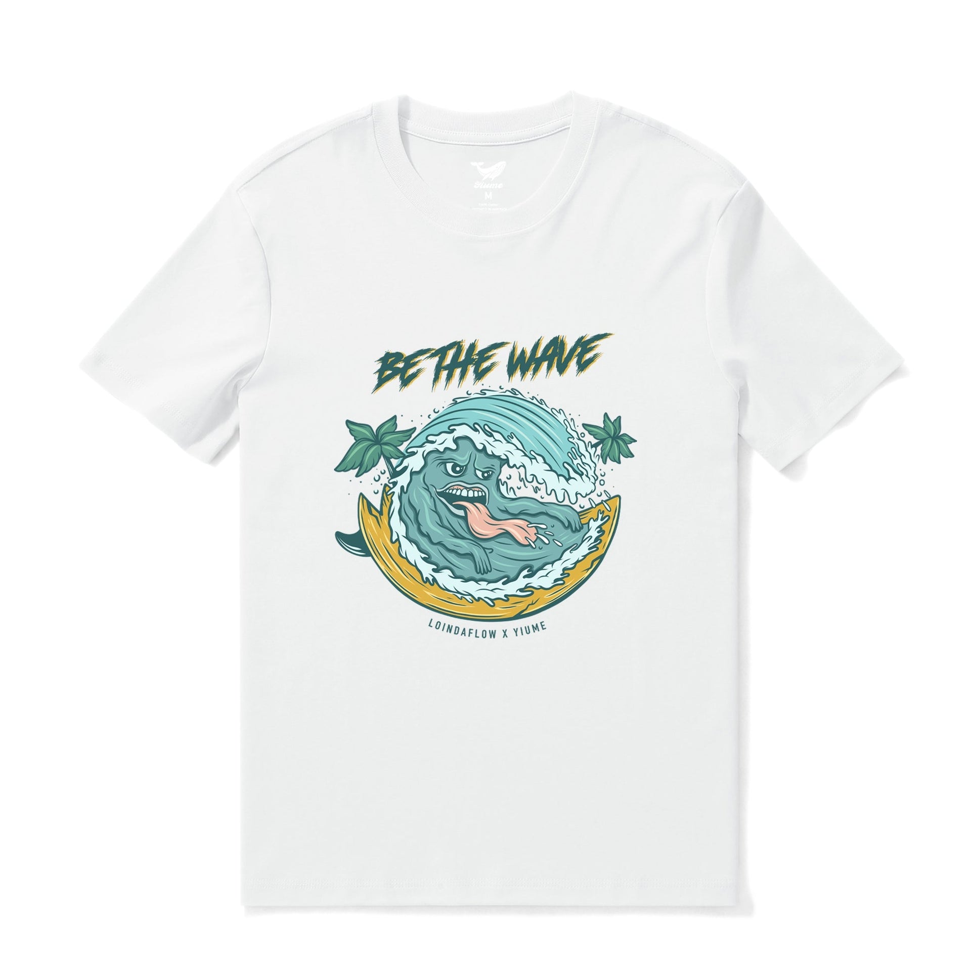 White crew neck t-shirt featuring Be The Wave graphic print.