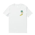 White crew neck t-shirt with a nature-themed In the Elements design.