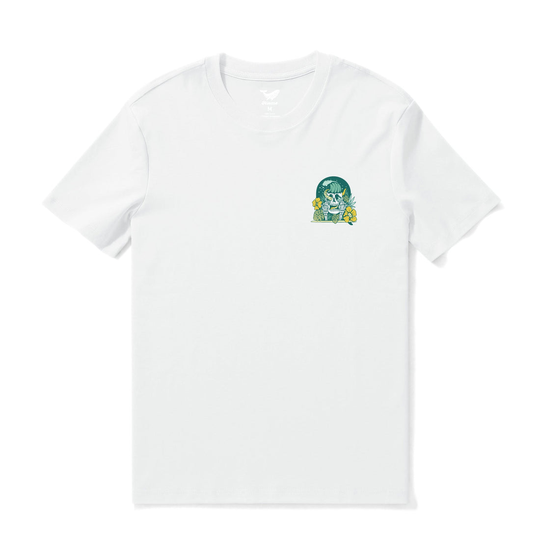 White crew neck t-shirt featuring a Strange Skull graphic print