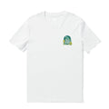 White crew neck t-shirt featuring a Strange Skull graphic print