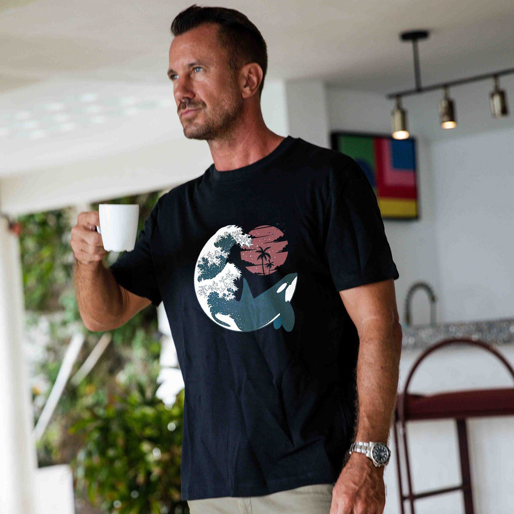 Black crew neck t-shirt featuring a Killer Wave orca graphic