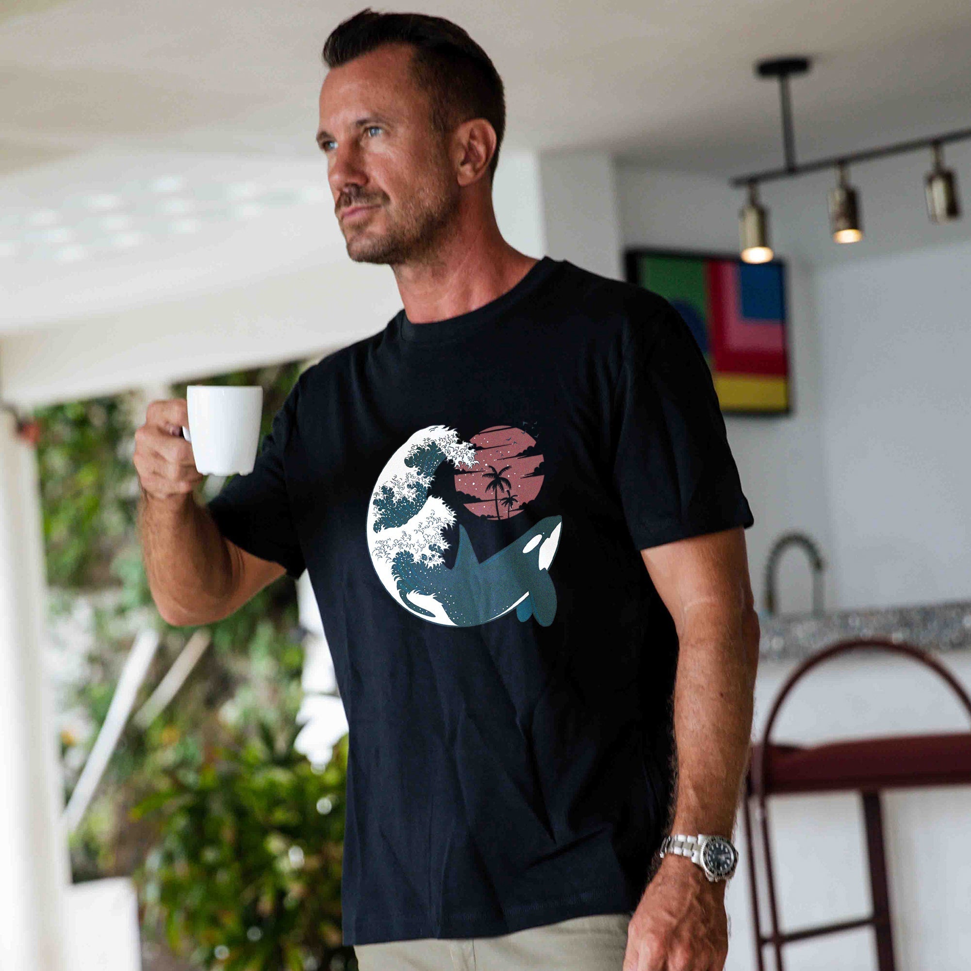 Black crew neck t-shirt featuring a Killer Wave orca graphic