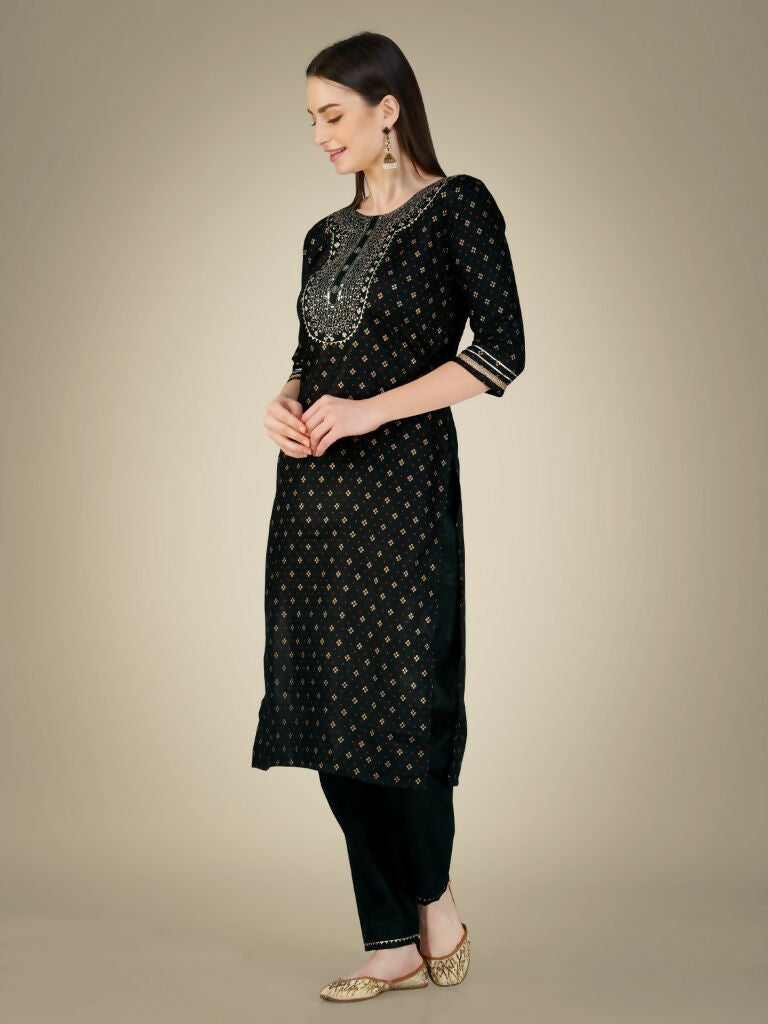 Women's Black Cotton Magic Slub Straight Kurta with Trouser & Dupatta