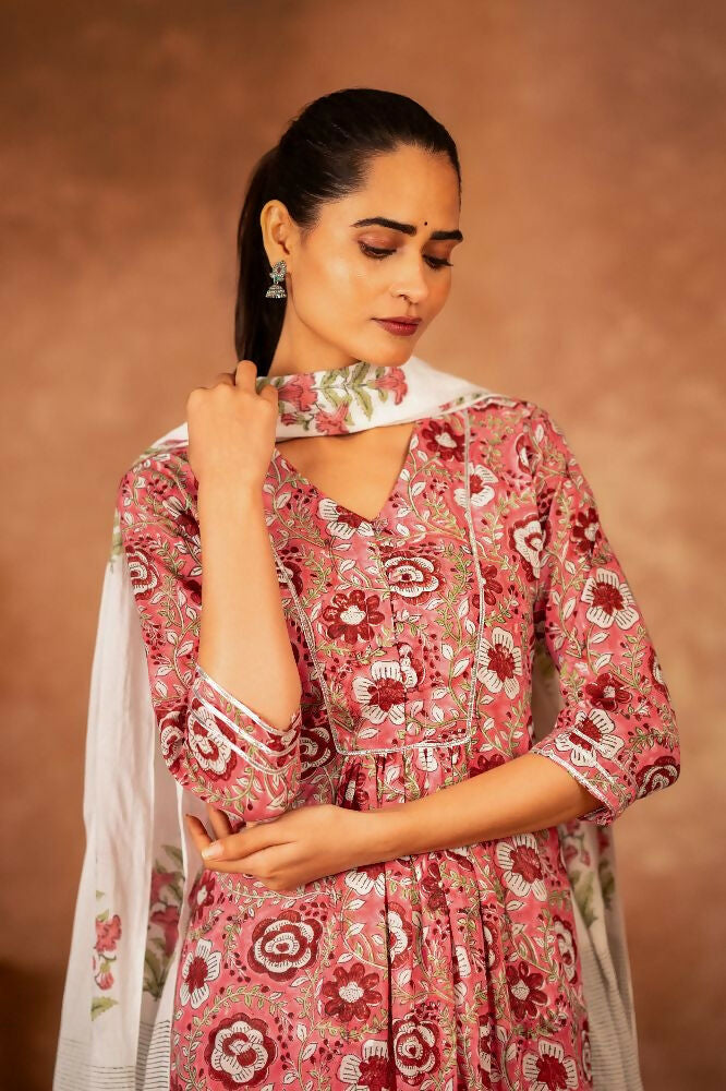 Pink Hand Block Printed Cotton Suit Set for Women