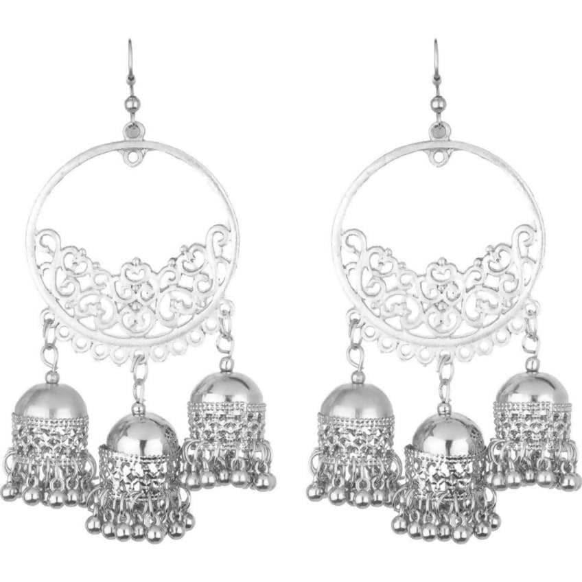 Traditional round-shape silver-tone jhumka earrings perfect for ethnic wear.