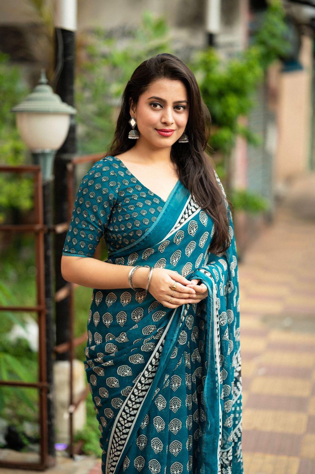 Rama Poly Georgette Ajrak Saree with Unstitched Blouse - Hiral Fashion