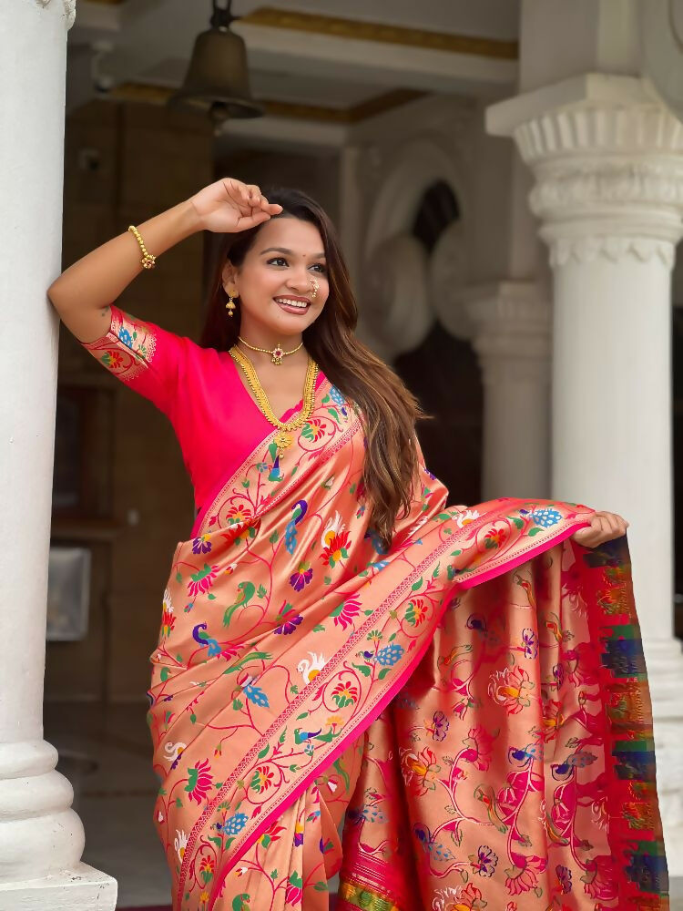 PR Fashion Pink Oft Kanjivaram Paithani Silk With Zari Weaving Meenakari Design Saree
