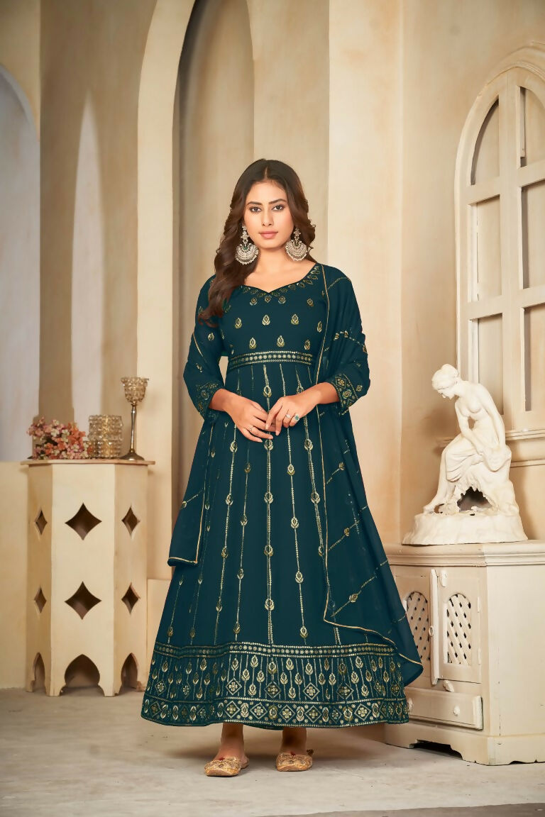 Rama Green Georgette Embroidered Anarkali Kurta Pant Set