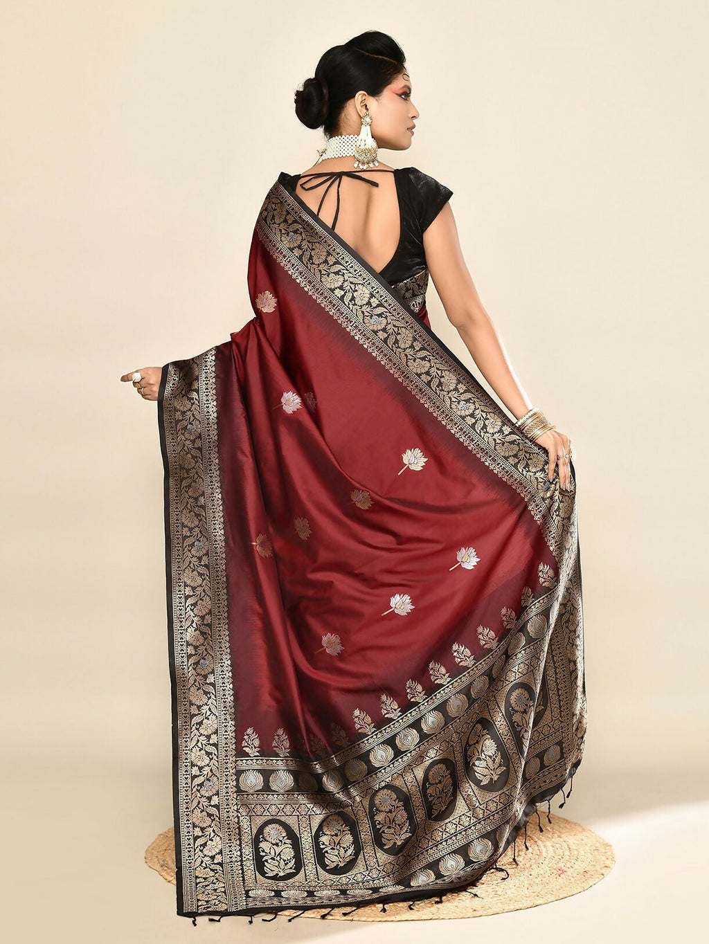 Maroon & Black Plain Banarasi Silk Saree with Weaving Border