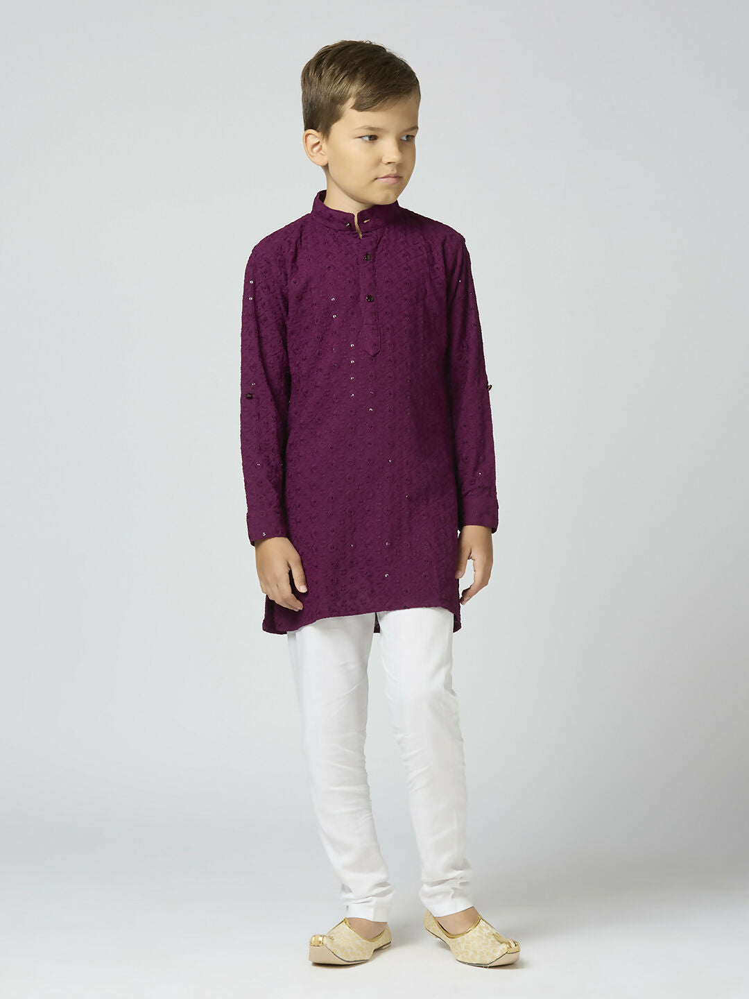 Boys Cotton Kurta and Pyjama Set with Sequin Work in Wine