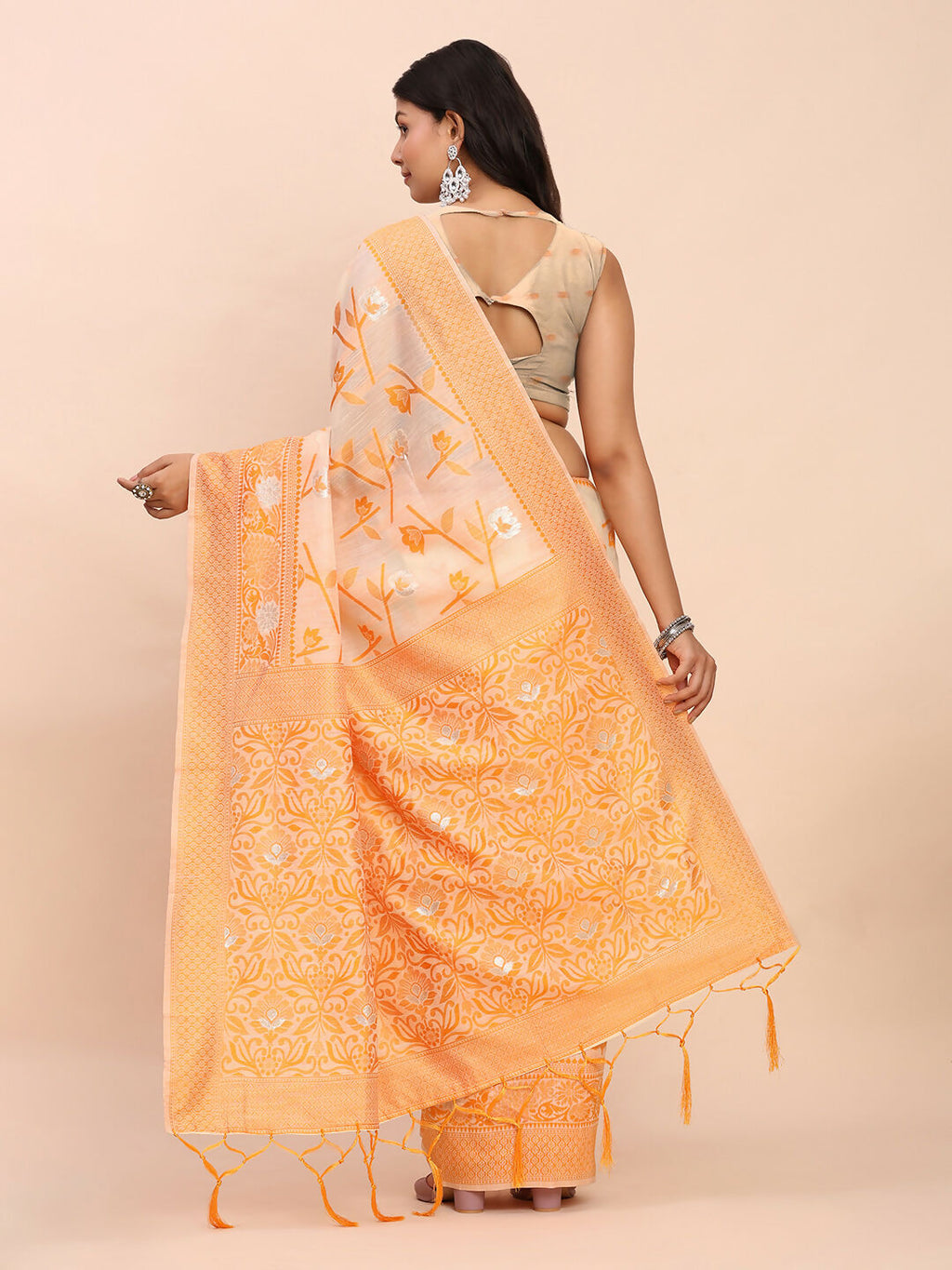Vibrant Orange Linen Cotton Saree for Daytime Events