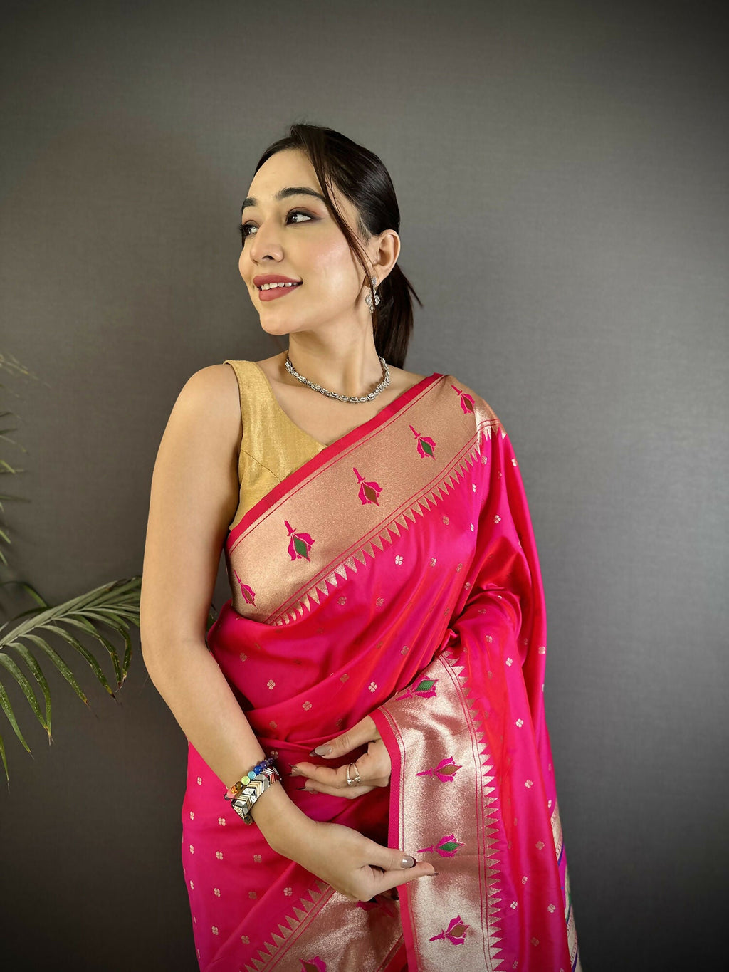 Joban Fashion Rani Pink Peacock & Floral Motifs Soft Lichi Silk Kanchipuram Saree