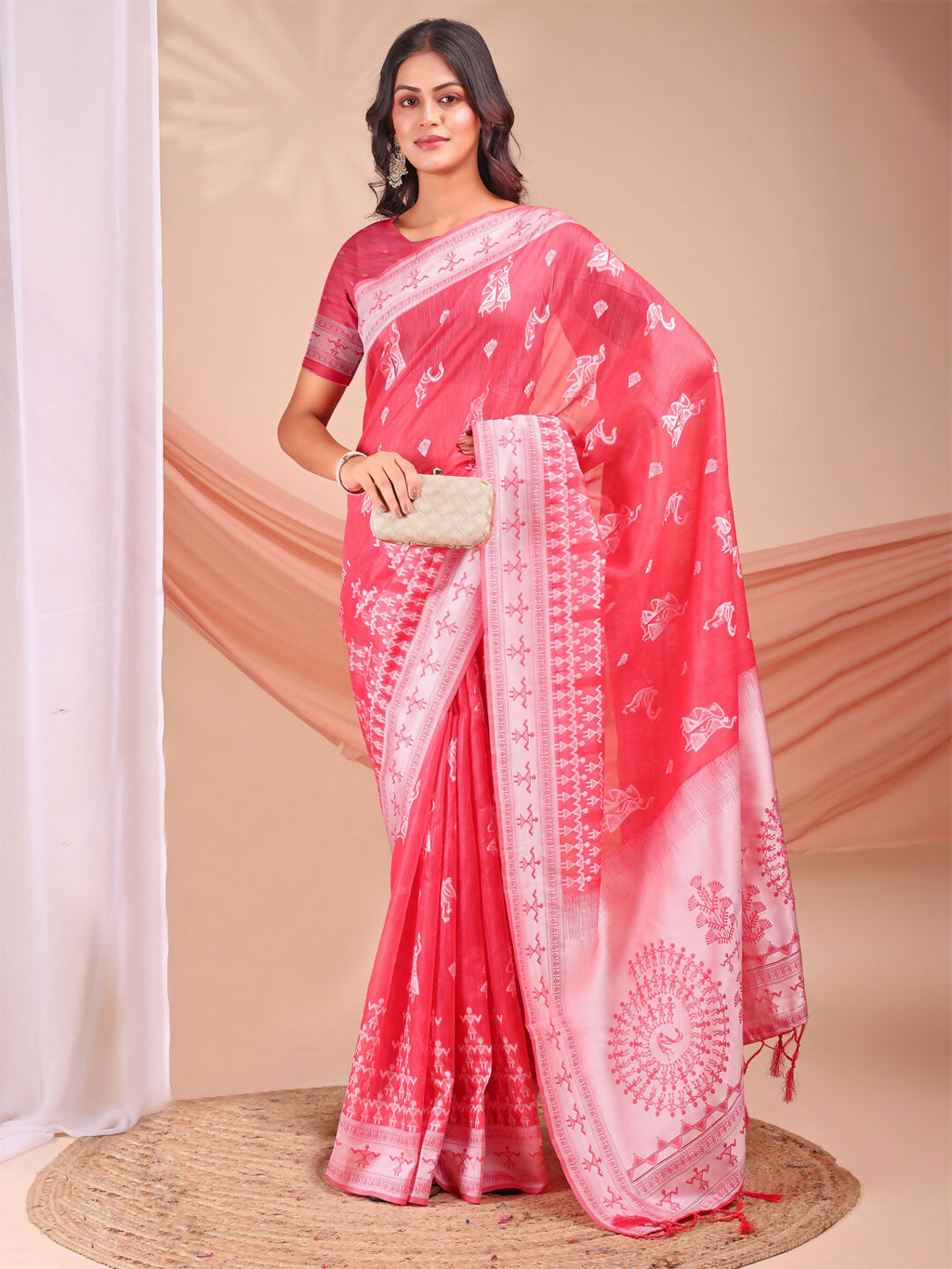 Varnika pink linen cotton saree with elegant drape