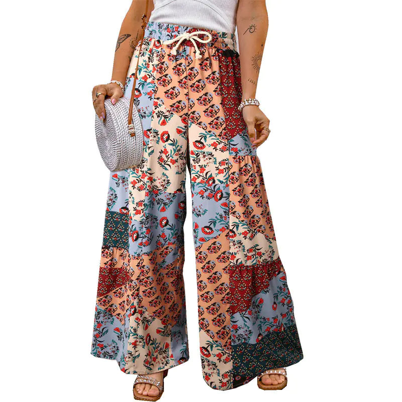 Women's Paisley Print Color Block Wide Leg Drawstring Pants - Image 14