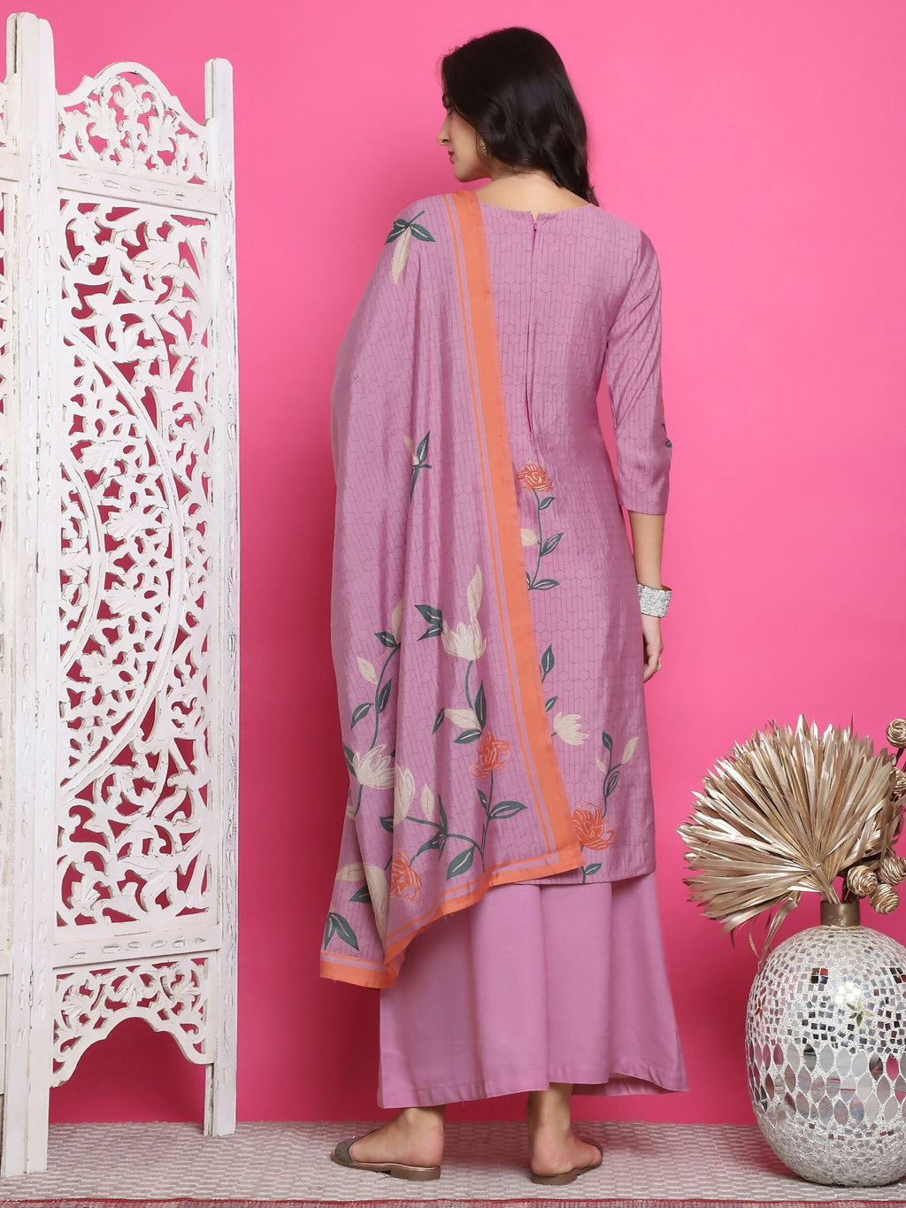 Purple Muslin Floral Print Kurta Set with Jari & Crystal Work