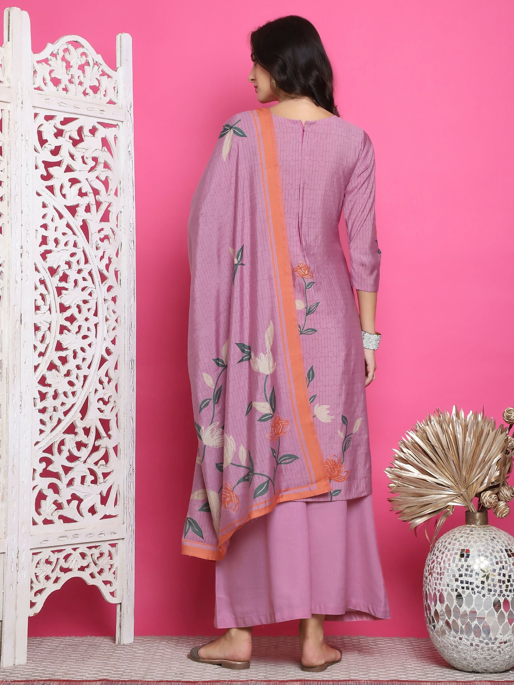 Purple Muslin Floral Print Kurta Set with Jari & Crystal Work