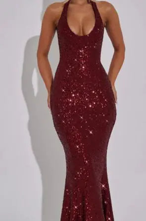 Women's Burgundy Sequin Halter Maxi Dress Formal Evening Gown - Image 3
