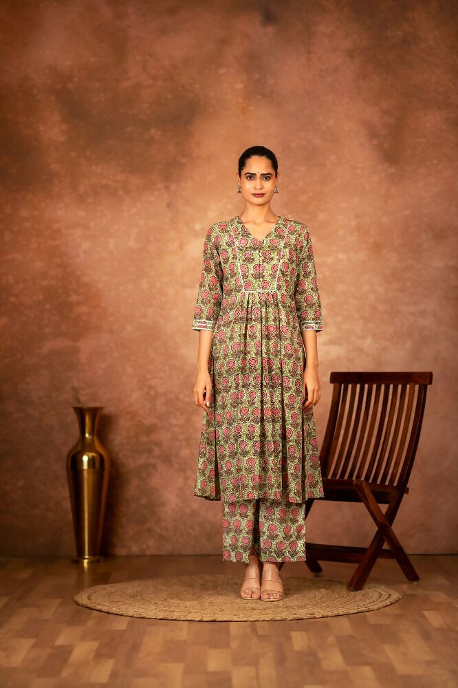 Green Hand Block Printed Cotton Suit Set for Women