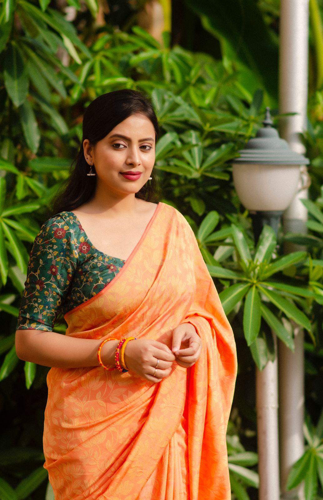 Saffron Jute Silk Woven Floral Saree with Kalamkari Blouse