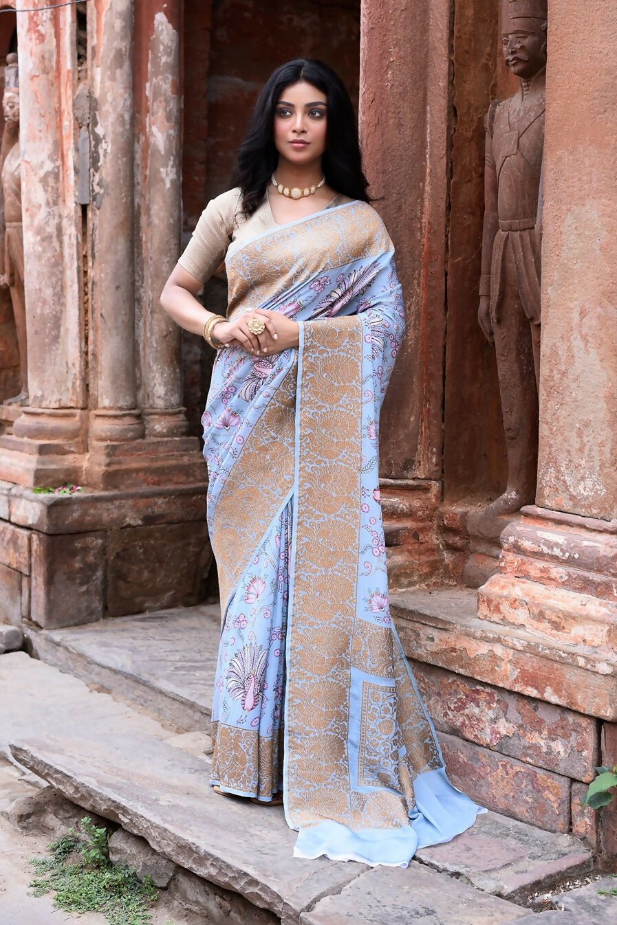 Light blue handloom Banarasi silk saree made from crepe chiffon fabric