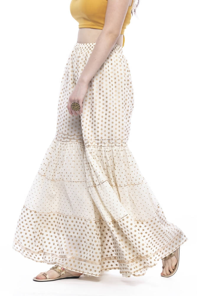 Off White Cotton Sharara Pants with Gold Print and Gota Detail