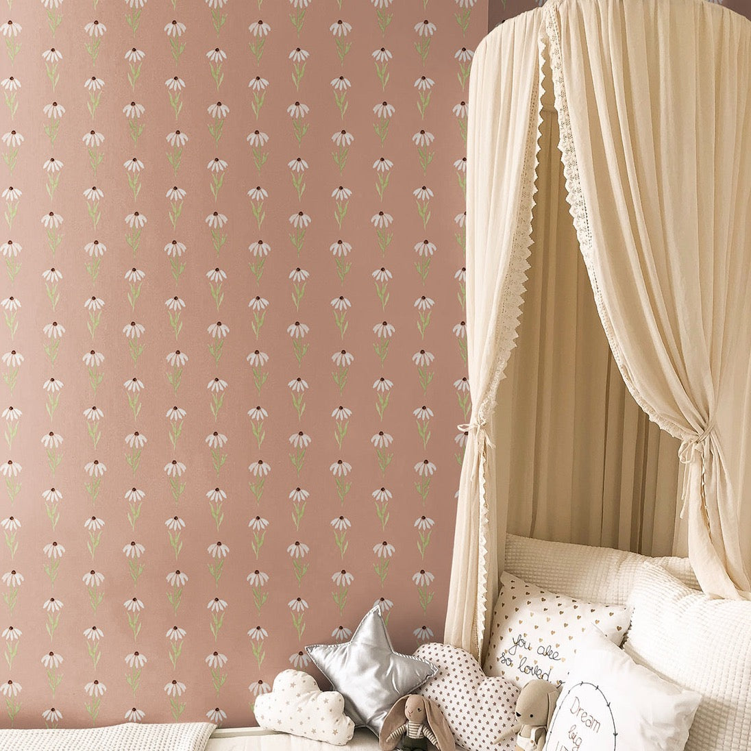 Hazel floral wallpaper in pink, tan, and blue-gray colors