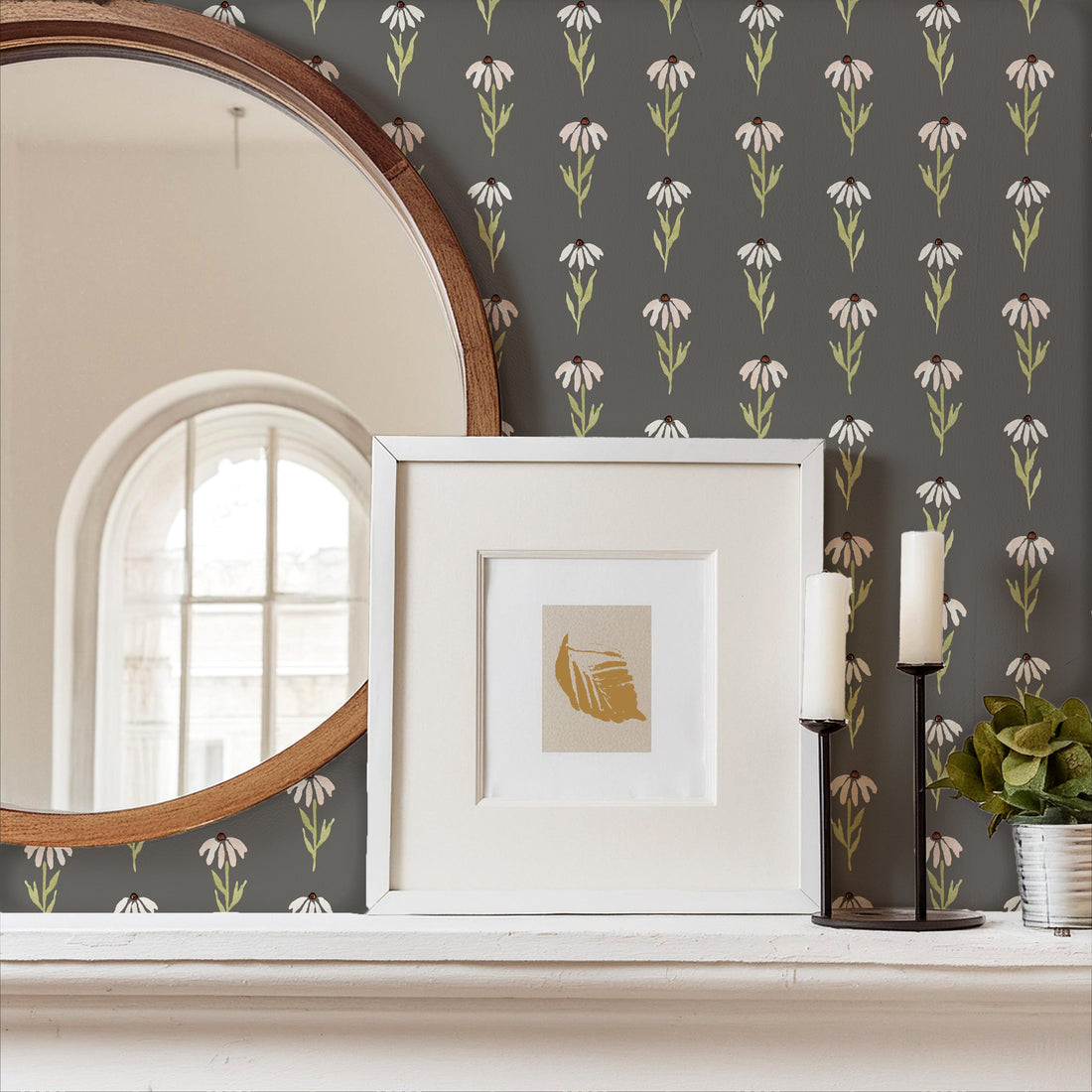 Hazel Floral Removable Wallpaper in Pink Tan and Blue-gray