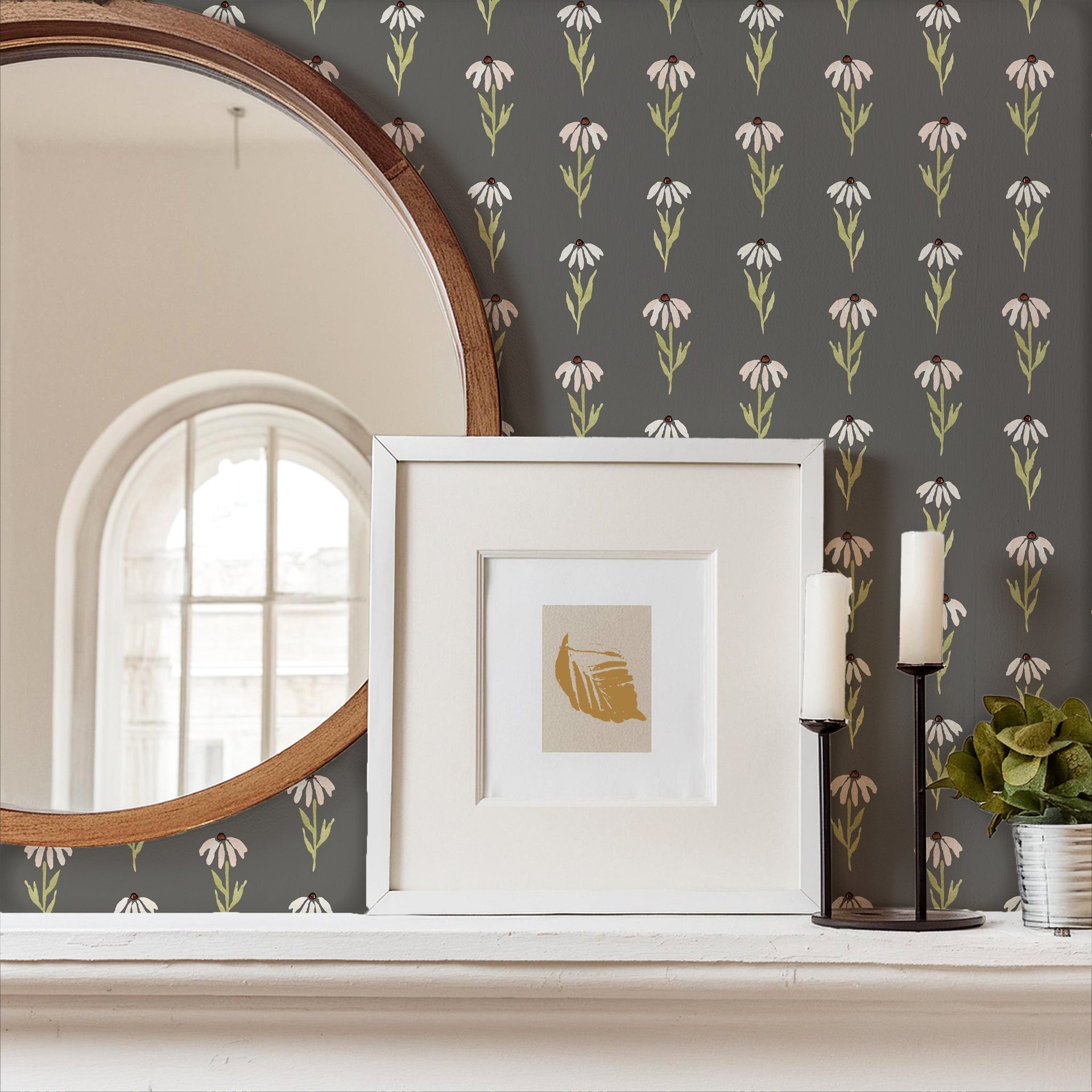 Hazel Floral Removable Wallpaper in Pink Tan and Blue-gray