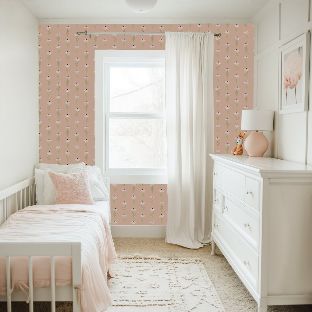 Hazel Floral Removable Wallpaper in Pink Tan and Blue-gray