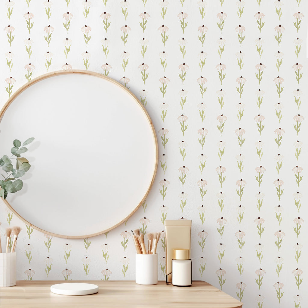 Hazel Floral Removable Wallpaper in Pink Tan and Blue-gray