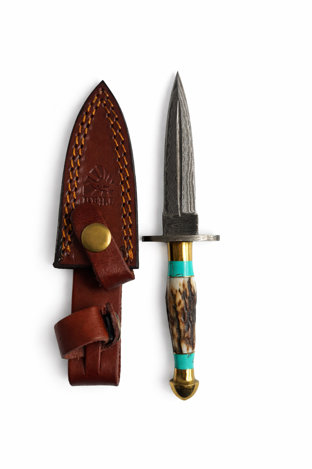 Handcrafted Damascus steel utility knife with a stag antler handle and turquoise brass accents.