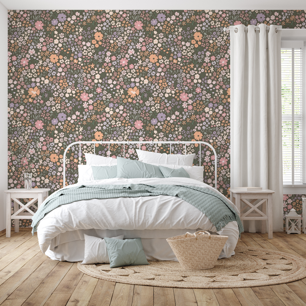 April Floral Removable Wallpaper - Pink, Terracotta & Green