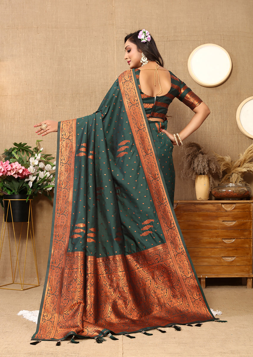 Dark Green Soft Silk Saree with Traditional Copper Zari Weaving