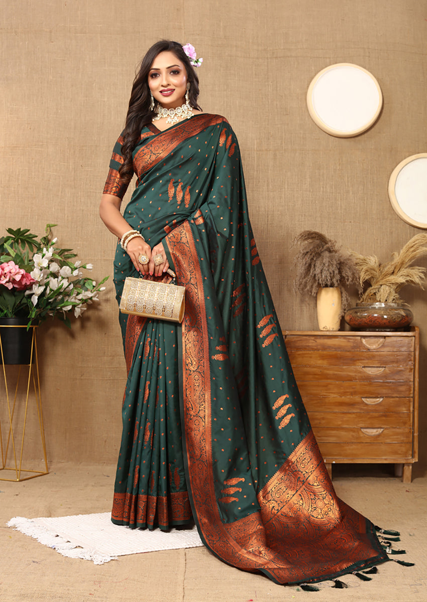 Dark Green Soft Silk Saree with Copper Zari Weaving Design