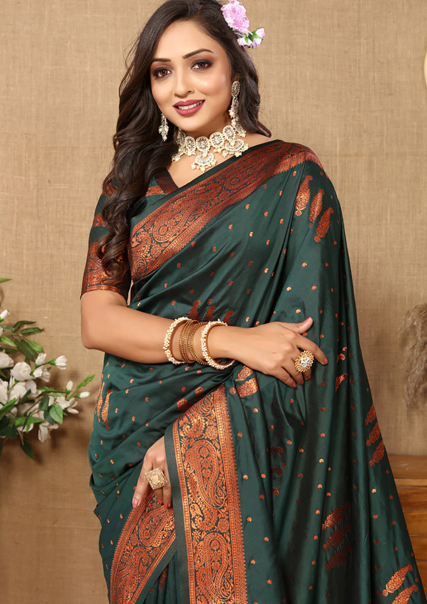 Dark Green Soft Silk Saree with Traditional Copper Zari Weaving