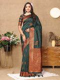 Dark green soft silk saree with intricate copper zari woven patterns and matching silk blouse