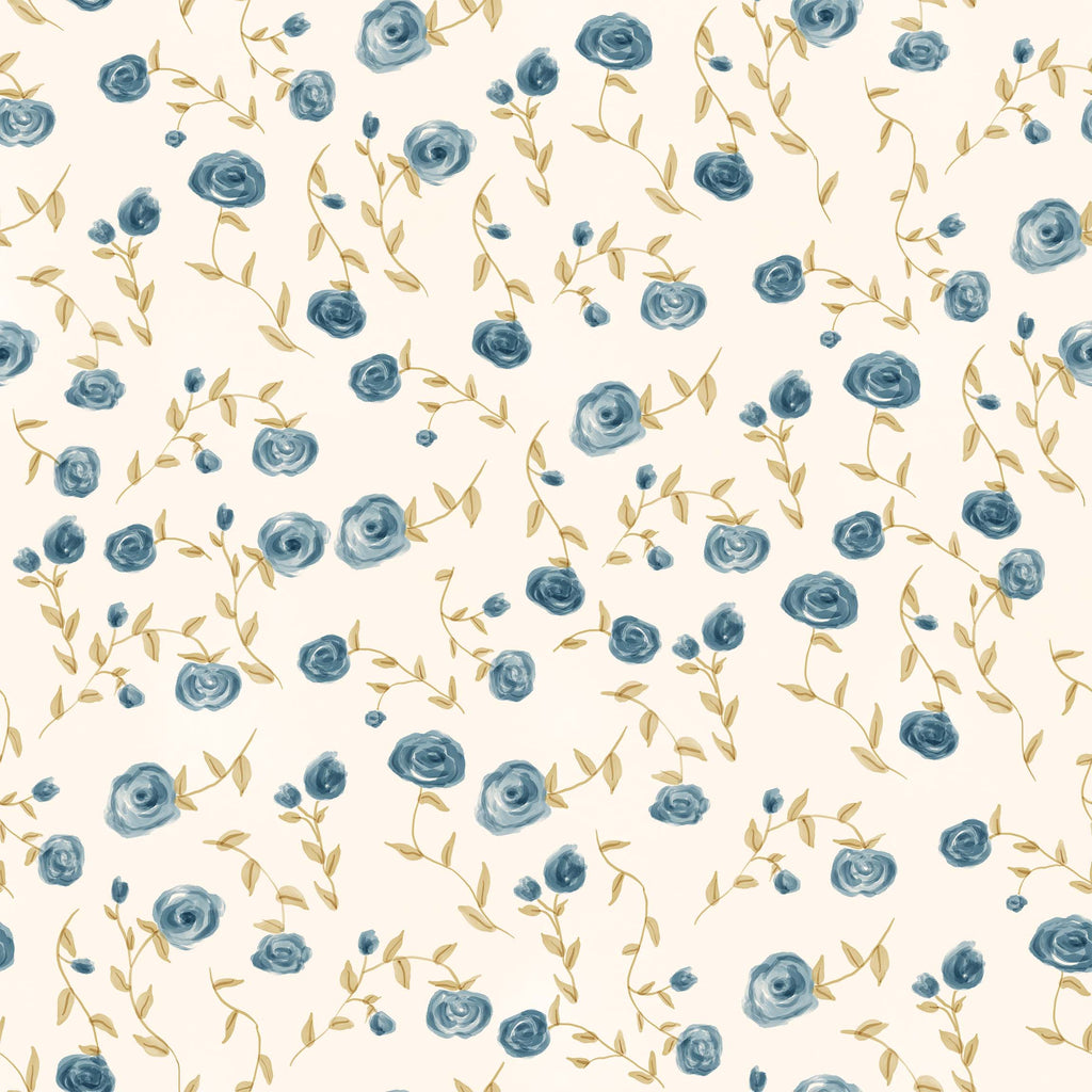 Davie Floral Removable Wallpaper in Cream and Blue Cottagecore