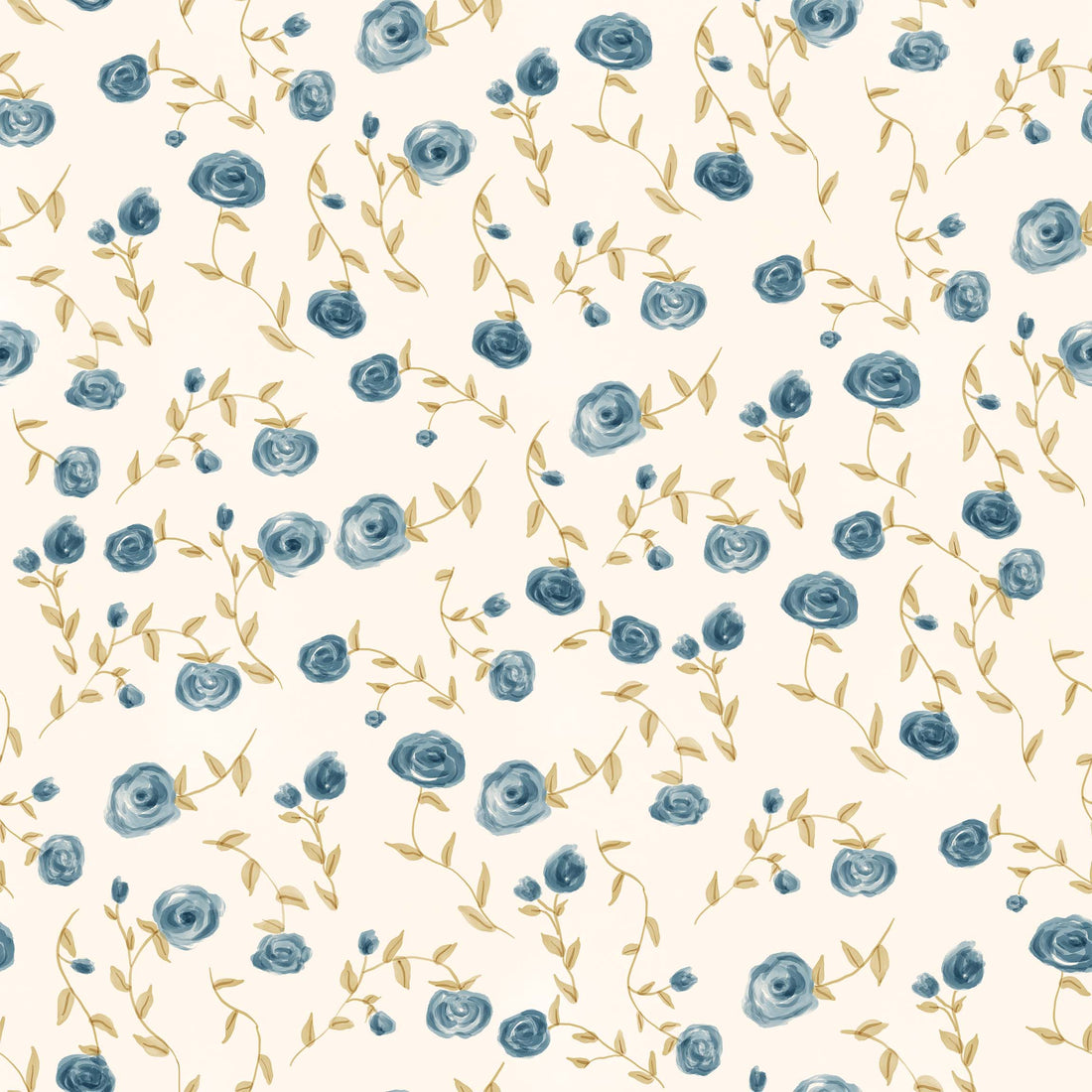 Davie Floral Removable Wallpaper in Cream and Blue Cottagecore