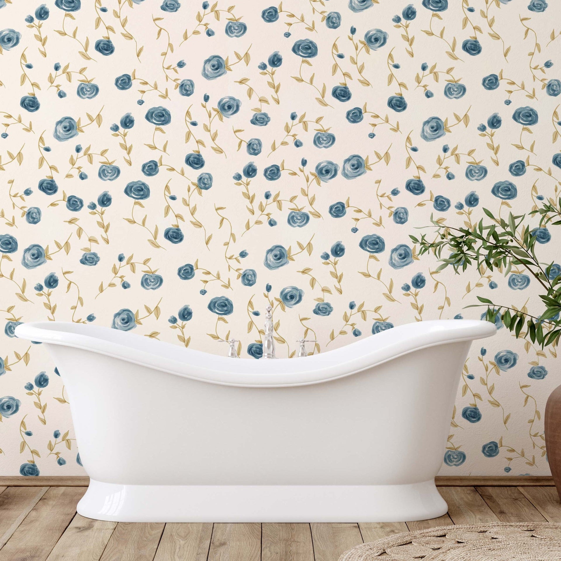 Davie floral removable wallpaper in a classic cream and blue cottagecore style
