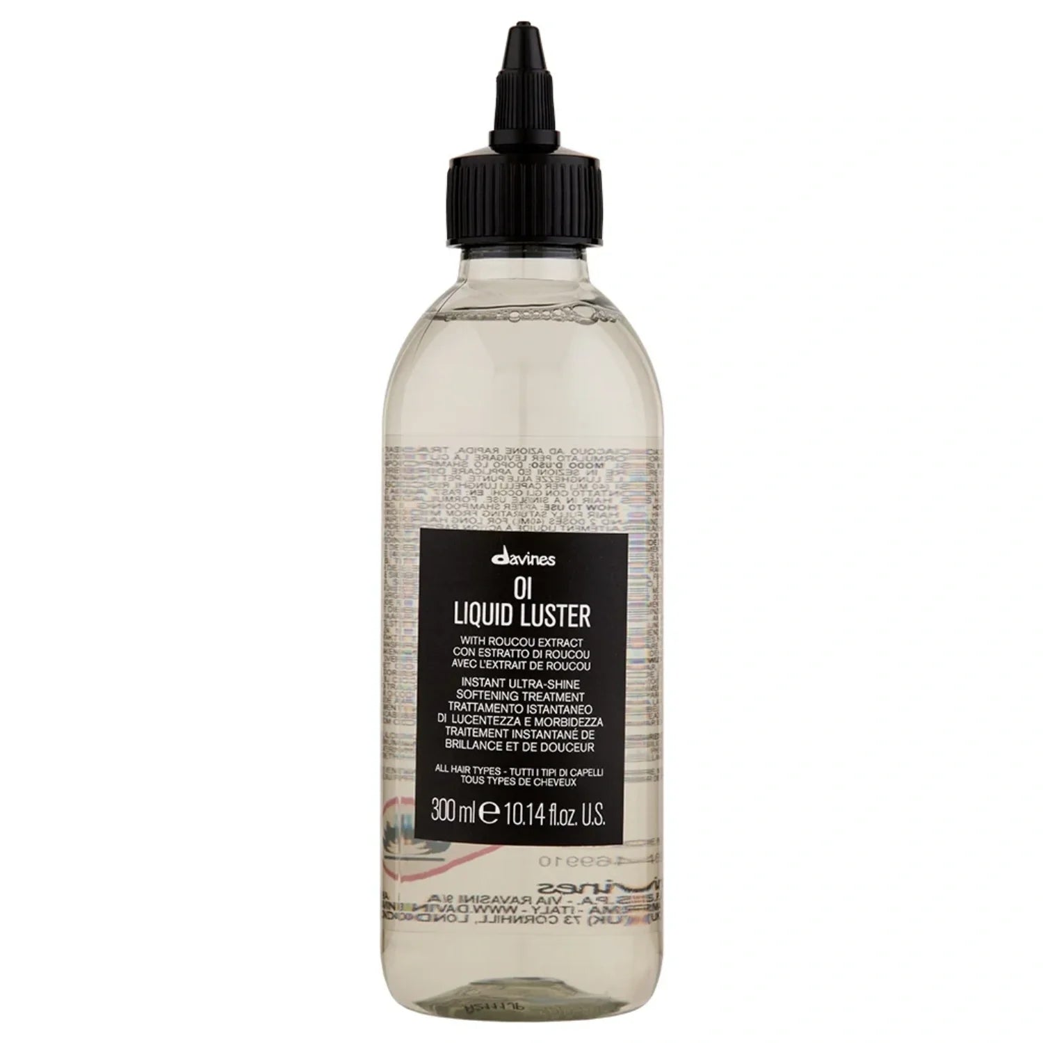 Davines OI Liquid Luster treatment bottle with transparent professional aesthetic.
