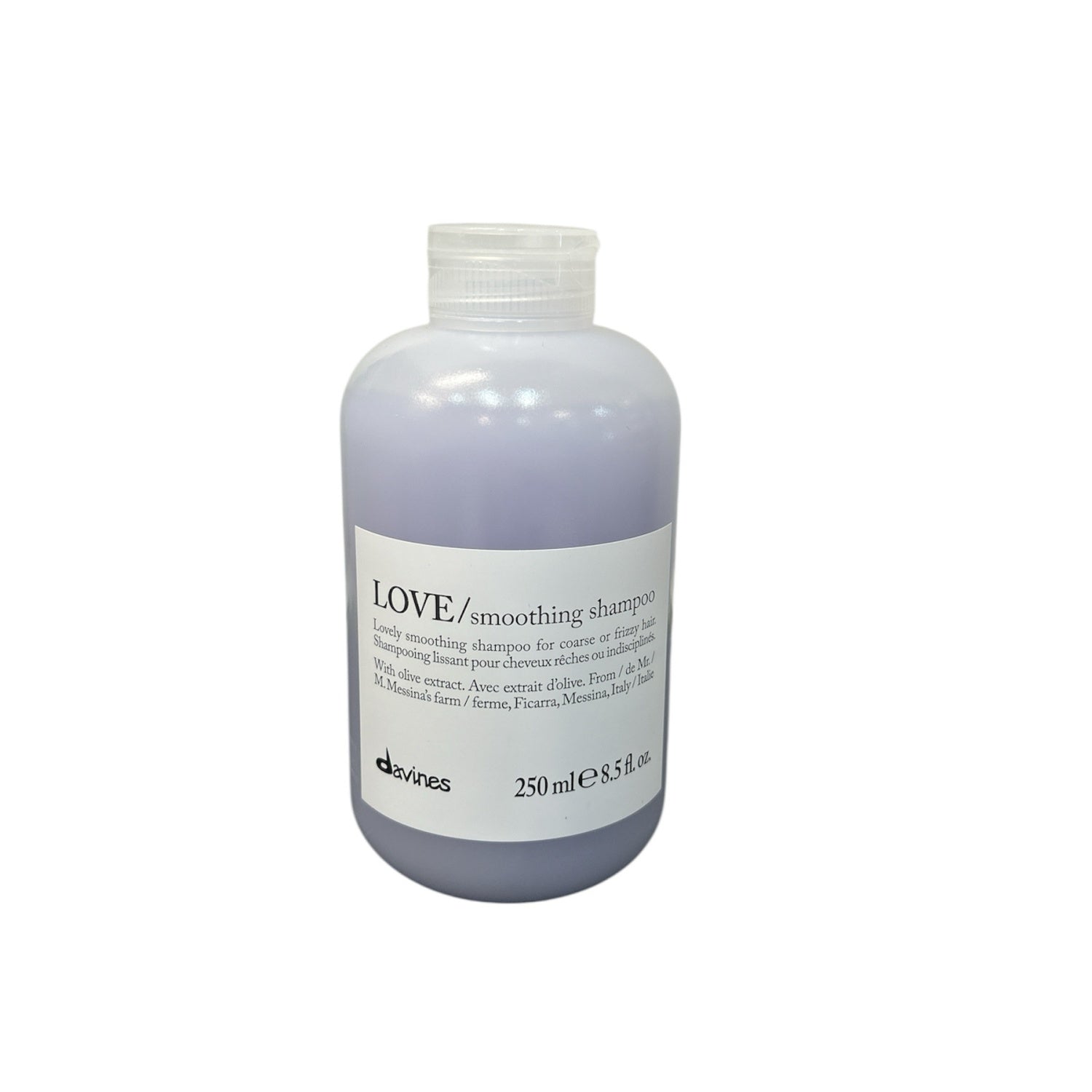 Davines LOVE Smoothing Shampoo 250 mL in a minimalist white-label clear bottle with soft lavender shampoo.
