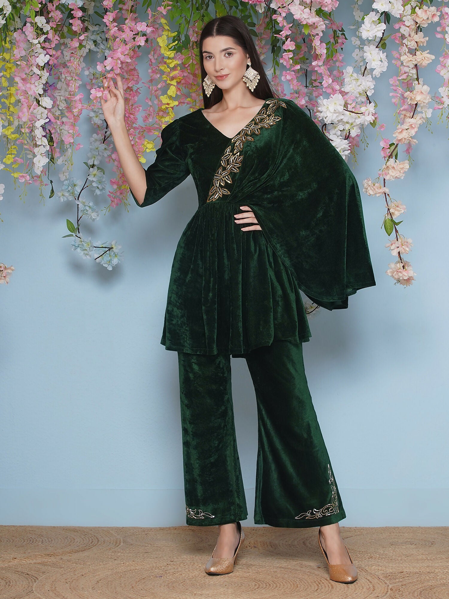 Green Velvet Hand Embellished 2-Piece Co-ord Set