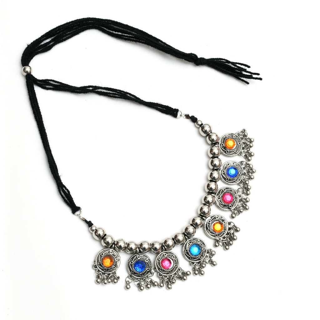 Oxidised Silver-Plated Kundan Choker with Multi-Color Stones