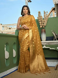 Light Yellow Organza Silk saree featuring ornate weaving work and decorative tassels