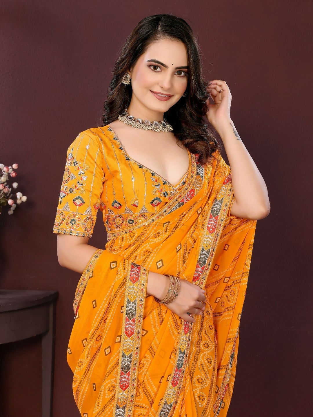 Yellow Georgette Digital Print Party Wear Saree with Blouse