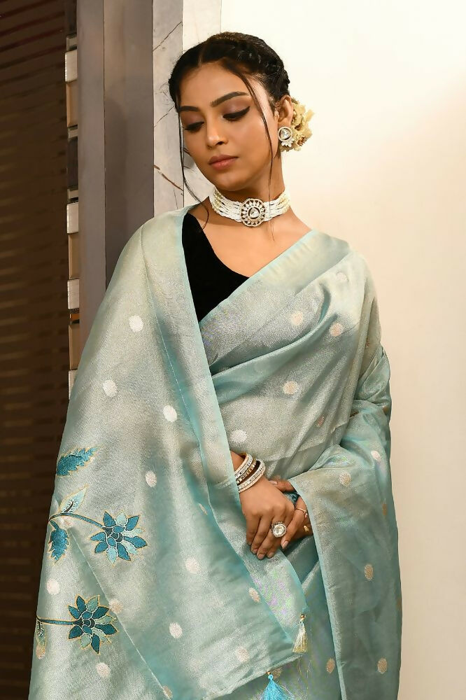 Joban Fashion Firozi Saree Tissue Zari Buti Anchal Applick With Contrast Blouse