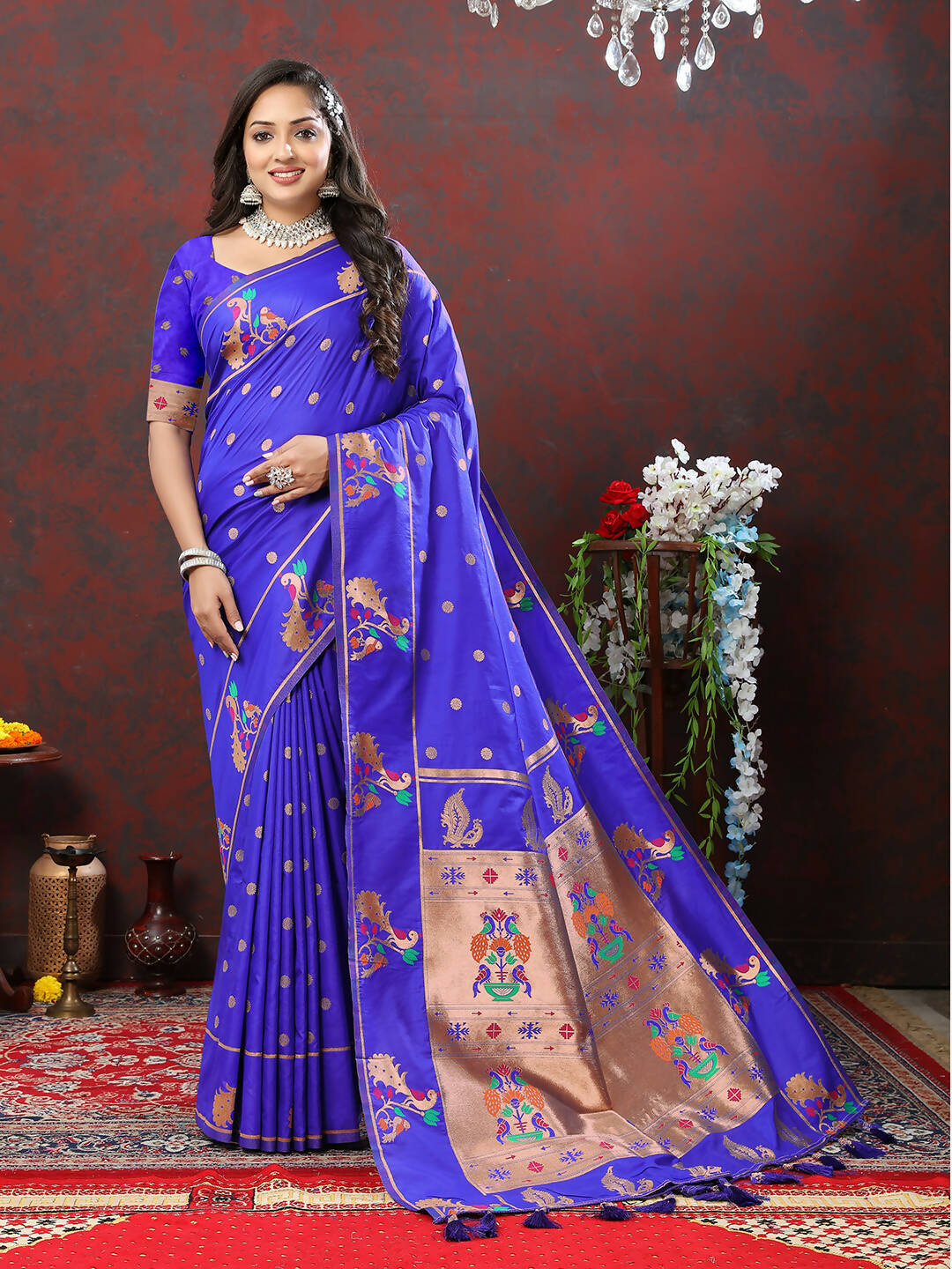 Lorenvalley Fashion Blue Soft Paithani Silk Woven Design Copper Zari Meenakari Weaving Saree