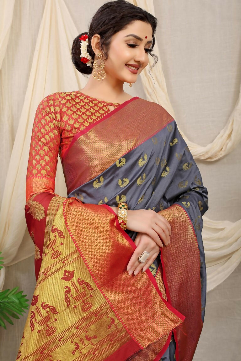 Grey Banarasi Silk Zari Woven Saree with Red Blouse