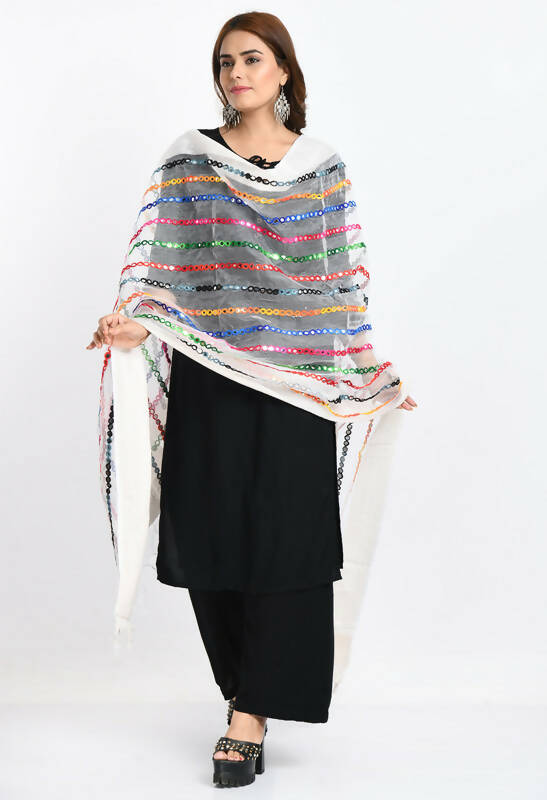 White Organza Dupatta with Multi-Thread Mirror Work