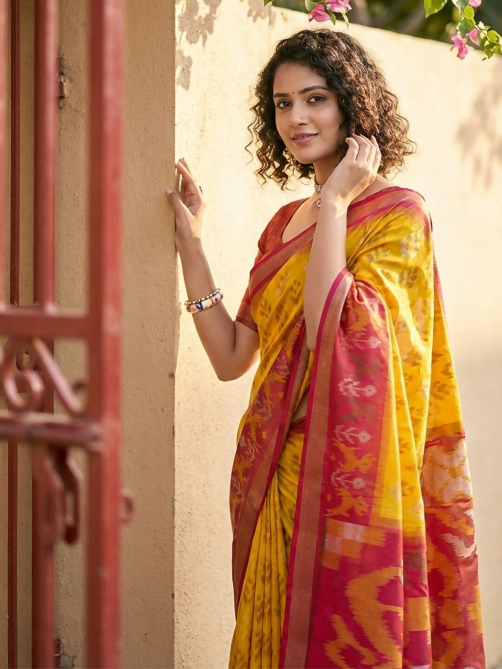 Yellow Pochampally Silk Saree with Coordinating Blouse Piece